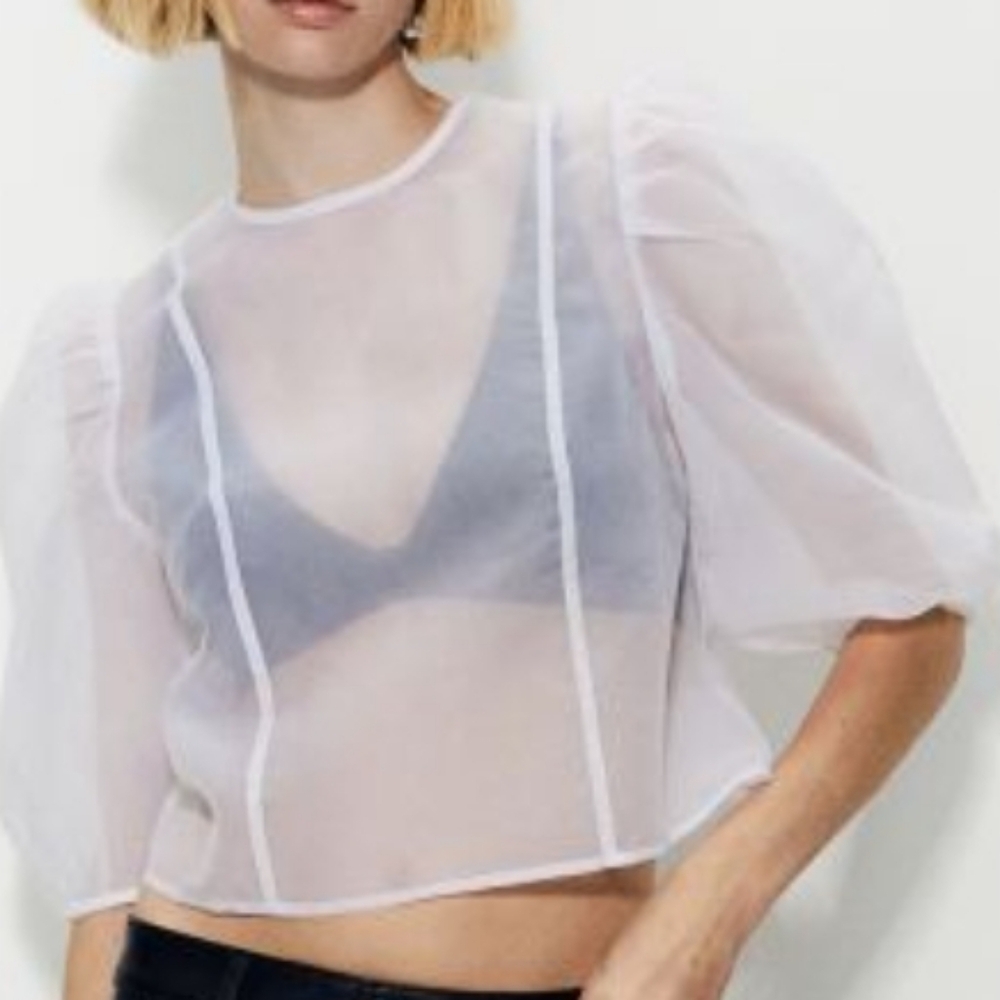 White Sheer Balloon Sleeve Blouse H&M